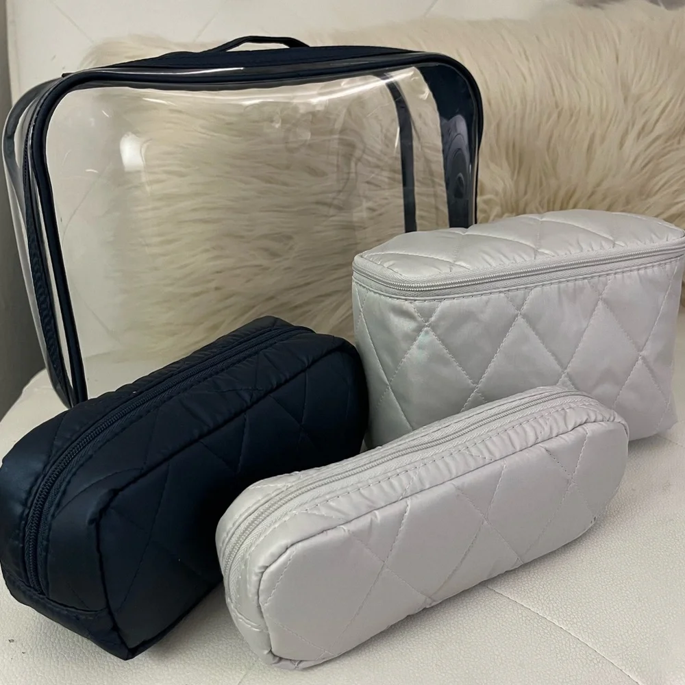 NWT Vera Bradley 4-Piece Quilted Cosmetics Makeup Travel Bag Set Navy Blue Gray